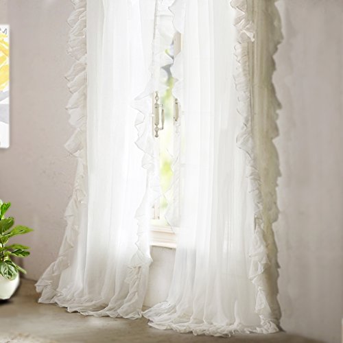 Product Cover DriftAway Sophie Solid Sheer White Voile Window Curtains Ruffle Edge Rod Pocket 2 Panels Each Size 52 Inch by 84 Inch Off White