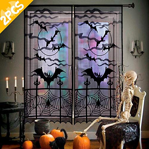 Product Cover AerWo 2pcs Halloween Curtains Spider Web Bats Halloween Window Curtain, Black Lace Door Curtain Panel Decor for Halloween Window Decorations, 40 x 84 Inch