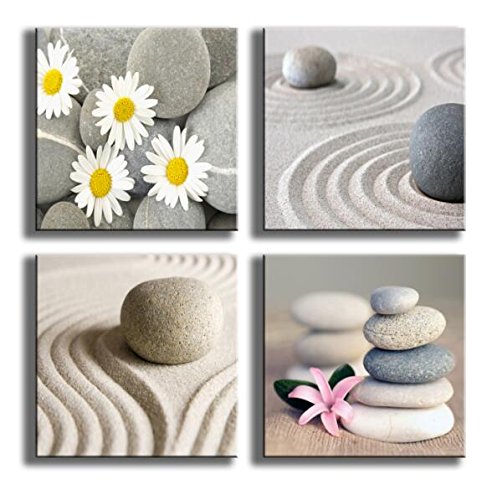 Product Cover YPY Painting 4 Panels Beach Stone Sand Daisy Flower Beauty Canvas Picture for Wall Décor Home Décor Stretched by Wooden Frame 12x12in