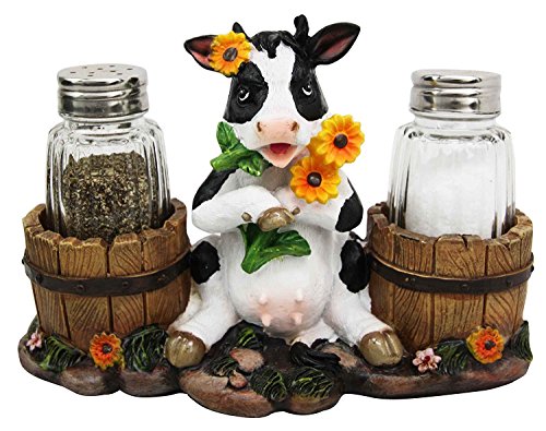 Product Cover Ebros Gift Lovely Sunflower Cow With Old Country Farm Milk Barrels Decorative Glass Salt Pepper Shakers Holder Resin Figurine 7