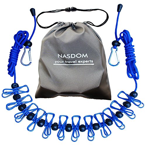 Product Cover Nasdom Travel Clothesline,4m/13ft Portable Retractable Adjustable Clothes Line Rope with 1 Waterproof Bag, 12 Clothespins, 13 Anti-Skid Clips for Outdoor and Indoor(Blue)