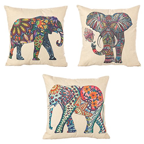 Product Cover Carlie 3 Pack - 18 x 18 Inch Square Linen Animal Printed Cute Elephant Throw Pillow Case Decorative Cushion Cover Pillowcase Cushion Case for Sofa,Bed,Chair,Auto Seat (Colorful)