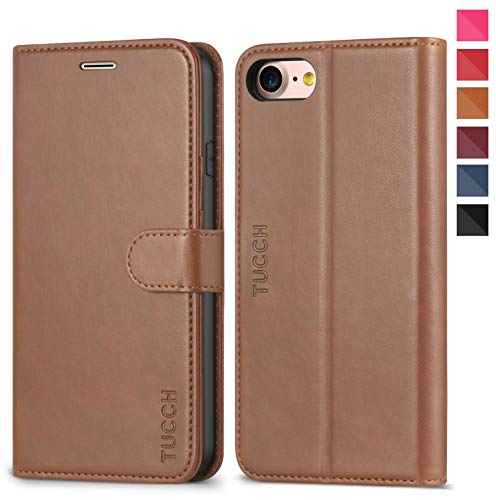 Product Cover TUCCH iPhone 8 Wallet Case, iPhone 7 Case, PU Leather Folio Case with [Kickstand] [Card Slots] [Magnetic Closure] Flip Notebook Cover [TPU Shockproof Interior Case] Compatible with iPhone 8/7, Brown