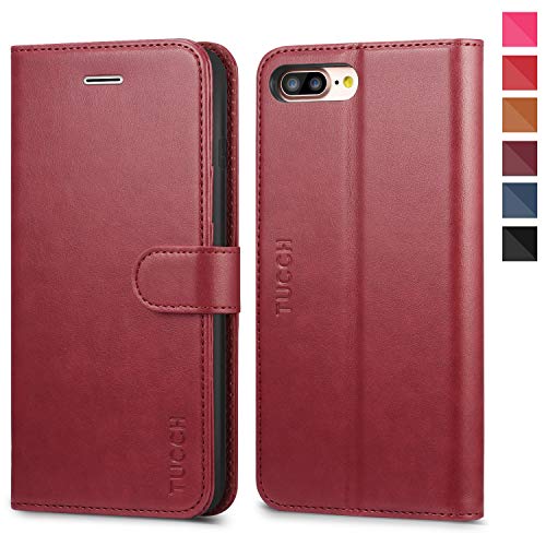 Product Cover TUCCH iPhone 8 Plus Case, iPhone 7 Plus Wallet Case, Magnetized Closure Card Slots Money Pouch, PU Leather Purse Cover Flip Book [TPU Interior Case] Compatible with iPhone 8 Plus/7 Plus, Red