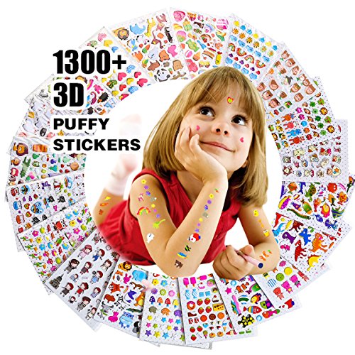 Product Cover RENOOK Stickers for Kids 1300+, 20 Different Sheets, 3D Puffy Stickers, Scrapbooking, Bullet Journals, Stickers for Adult, Including Animals, and More,Christmas Stickers for Kids.