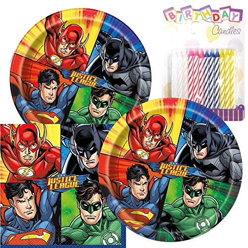Product Cover JJ Party Supplies Justice League Theme Plates and Napkins Serves 16 With Birthday Candles