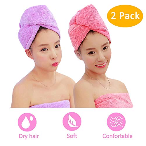 Product Cover ADOGO Hair Towels Wrap 2 Pack,Microfiber Hair Towel Twist Cap Soft Absorbent Quickly Dry Hair Turban for Kids and Women (Pink+Purple)