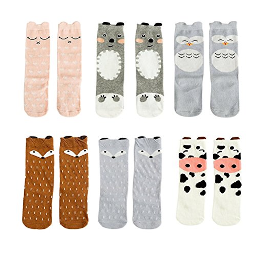 Product Cover Bestjybt 6 Pairs Unisex Baby Girls Boys Kids Toddler Socks Knee High Socks Cat Fox Bear Animal Baby Stockings