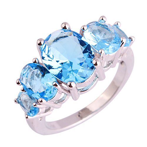 Product Cover Psiroy 925 Sterling Silver Created Blue Topaz Filled 5 Stone Engagement Ring Band