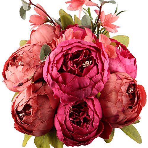 Product Cover Leagel Fake Flowers Vintage Artificial Peony Silk Flowers Bouquet Wedding Home Decoration, Pack of 1 (New Red)