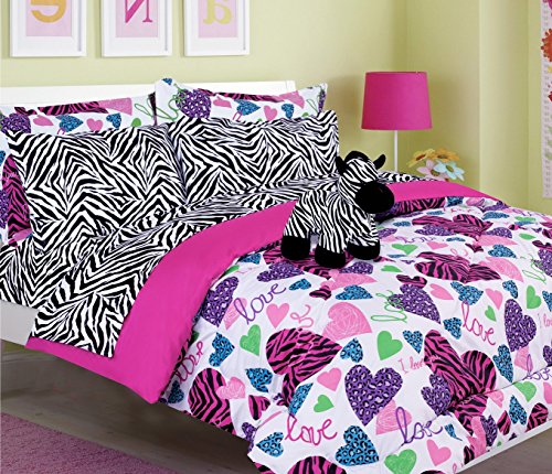 Product Cover Girls Kids Bedding-MISTY ZEBRA Tween Teen Dream Bed In A Bag. TWIN SIZE Comforter set, Sheet Set and Plush Toy Included-Love, Hearts-Hot Pink, Turquoise Blue, Purple, Black and White