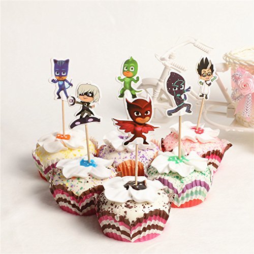Product Cover 24Pc - PJ Masks Kawaii Cool Hero Theme Party Supplies Cartoon Cupcake Toppers Pick Children Birthday Party Decoration/ Serve 24