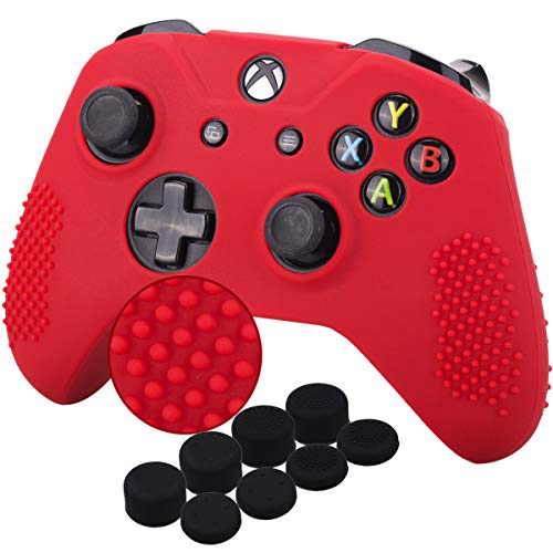 Product Cover YoRHa Studded Silicone Cover Skin Case for Microsoft Xbox One X & Xbox One S Controller x 1(Red) With Pro Thumb Grips 8 Pieces