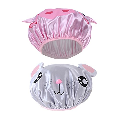 Product Cover 2 Pieces Cute Kids Shower Cap, Funny Cartoon Bath Hat,Boys or Girls Waterproof Shower Bath Caps (Gray Mouse + Pink Pig)