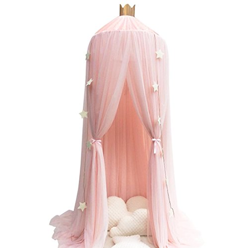 Product Cover Didihou Mosquito Net Bed Canopy Yarn Play Tent Bedding for Kids Playing Reading with Children Round Lace Dome Netting Curtains Baby Boys and Girls Games House (Pink)