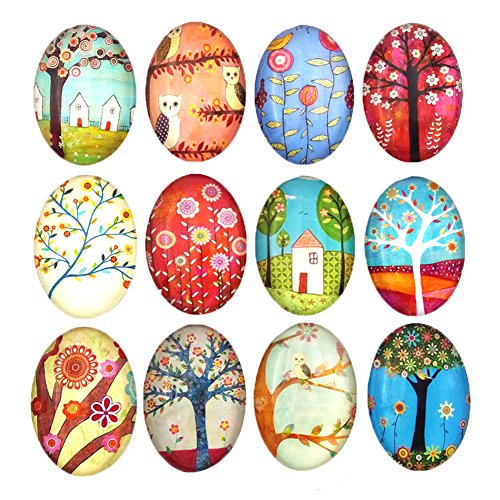 Product Cover 12pcs Beautiful Glass Refrigerator Magnets Oval Fridge stickers Funny for Office Cabinets Whiteboards Tree Decorative Photo Abstract (12 Elliptical tree)