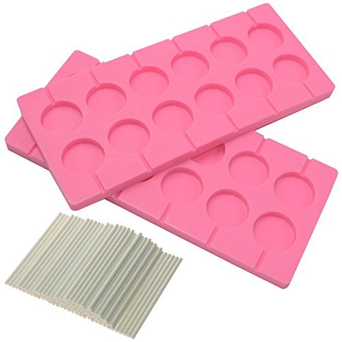 Product Cover BIGTEDDY - 2x 12-Capacity Round Chocolate Hard Candy Silicone Lollipop Molds with 100 count 4 inch Lollypop Sucker Sticks for Halloween Christmas Parties