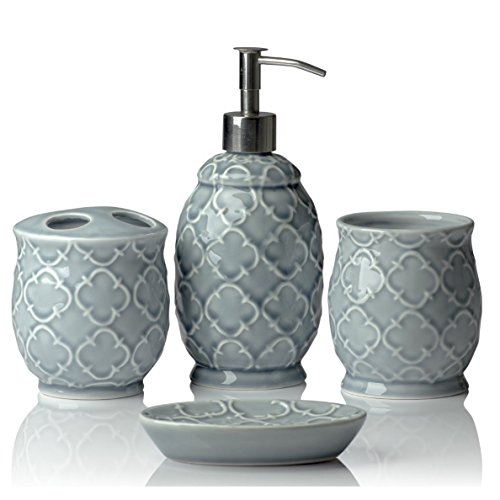Product Cover Designer 4-Piece Ceramic Bath Accessory Set | Includes Liquid Soap or Lotion Dispenser w/Toothbrush Holder, Tumbler, Soap Dish | Moroccan Trellis | Contour Grey - Holds 15.6 oz