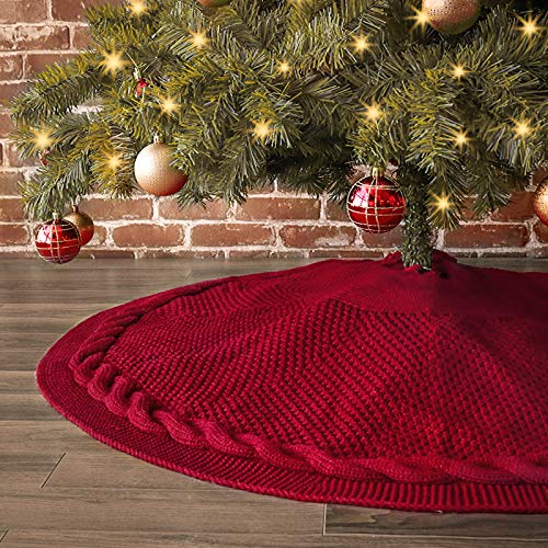 Product Cover LimBridge Christmas Tree Skirt, 48 inches Cable Knit Knitted Thick Rustic Xmas Holiday Decoration, Burgundy