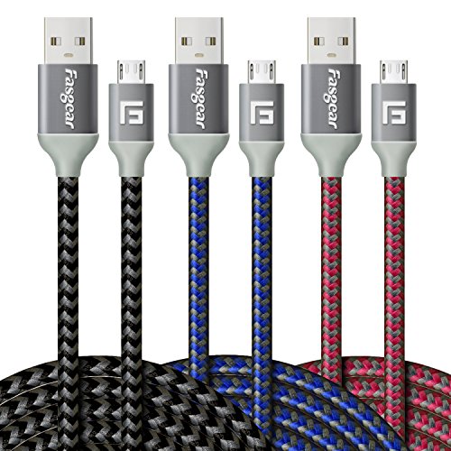 Product Cover Fasgear Micro USB Cable, [3 Pack - 10ft/3M] Micro USB to USB 2.0 Data Sync Cables Combo Color Nylon Braided Fast Charging Cord for S7 Edge/S6/S5,HTC,Motorola,LG,Nokia,Android Phone (Black, Blue, Rose)