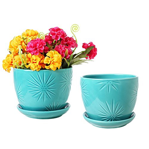 Product Cover Aqua Sunburst Design Ceramic Flower Planter Pots, Decorative Plant Containers with Saucers, Set of 2