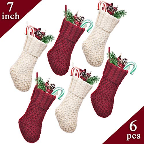 Product Cover LimBridge Christmas Mini Stockings, 6 Pack 7 inches Knitted Knit Rustic Stocking Decorations for Whole Family, Burgundy and Cream