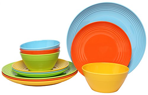 Product Cover Melange 12-Piece Melamine Dinnerware Set (Solids Collection) | Shatter-Proof and Chip-Resistant Melamine Plates and Bowls | Color: Multicolor | Dinner Plate, Salad Plate & Soup Bowl (4 Each)