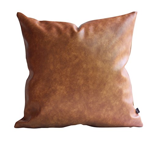 Product Cover Kdays Thick Brown Faux Leather Throw Pillow Cover Cognac Leather Decorative Throw Pillow Case Farmhouse Decor Sofa Couch Cushion Covers Modern Minimalist Vegan Pillow Cover 20x20 Inches