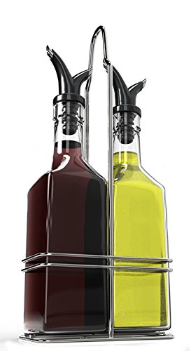 Product Cover Royal Oil and Vinegar Bottle Set with Stainless Steel Rack and Removable Cork - Dual Olive Oil Spout - Olive Oil Dispenser, Olive Oil Bottle and Vinegar Bottle Glass Set - 5 ounces