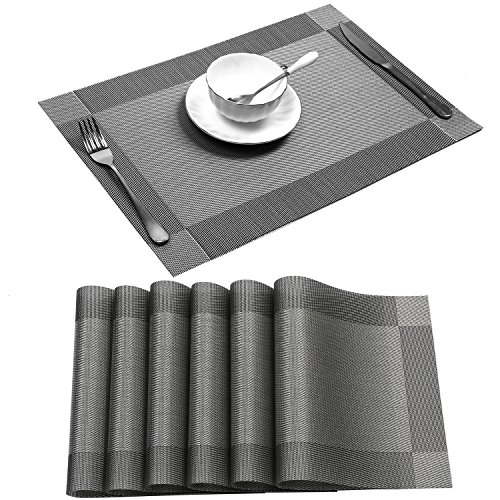 Product Cover U'Artlines Placemat, Crossweave Woven Vinyl Non-Slip Insulation Placemat Washable Table Mats Set (Gray, 6pcs placemats)