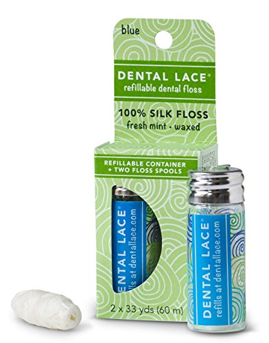 Product Cover Dental Lace | Silk Dental Floss with Natural Mint Flavoring | Includes 1 Refillable Recyclable Blue glass dispenser and 2 Floss Spools 66 Yards