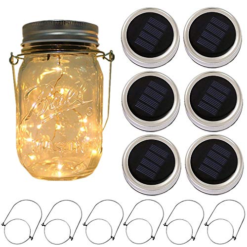 Product Cover 6-Pack Solar-powered Mason Jar Lights 20 LEDs (6 Hanger Included / No Jar),Warm White Glass Waterproof Fairy Hanging Lighting,Outdoor String Lids for Regular Mouth Jars for Patio Lamp Decor