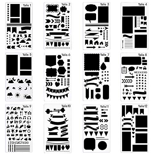 Product Cover 12 Pcs Journal Stencil Plastic Planner Set for Notebook/Diary/Scrapbook DIY Drawing Template