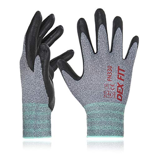 Product Cover DEX FIT Nitrile Work Gloves FN330, 3D Comfort Stretch Fit, Durable Power Grip Foam Coated, Smart Touch, Thin Machine Washable, Grey Large 3 Pairs Pack