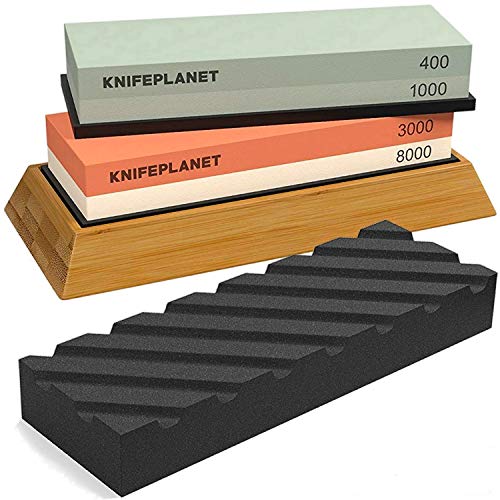Product Cover Knife Sharpening Stone Set - 400/1000 and 3000/8000-Grit Professional, Safe Knife Sharpener Set - Whetstone Set Includes Flattening Stone, Bamboo Base, and 2 Nonslip Rubber Bases by KnifePlanet