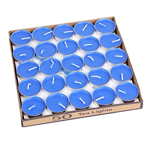 Product Cover 50 Pack Tea lights Candles - Unscented - Smokeless - 2 Hour Burn Time - Decoration for Wedding, Party, Dating and Festival Celebration (Blue)