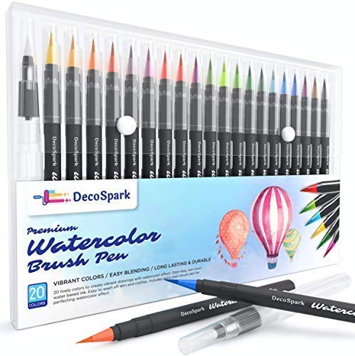 Product Cover Watercolor Brush Pens Set | 20 colors | Best Real Soft Brush Markers for Adult and Kids Coloring Books, Drawing, Calligraphy, Writing, Highlighters | Ultra Bright Paint, Non-Toxic,Washable | Decospark