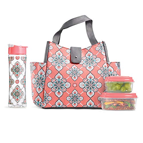 Product Cover Fit & Fresh Westport Insulated Lunch Bag Kit with Matching Bottle and Containers, Coral Paisley