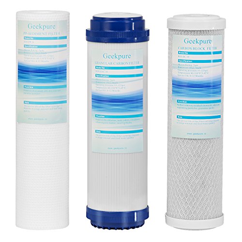 Product Cover Geekpure Universal Compatible Reverse Osmosis Filter Replacement Pre-Filter Sets (1 x Sediment,1 x Granular Carbon, 1 x Carbon Block for undersink RO. Pack of 3.Size :10