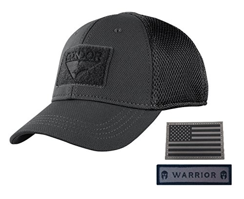 Product Cover Condor Flex Mesh Cap, Black + Flag & Warrior Patch, Fitted Tactical Operator Hat