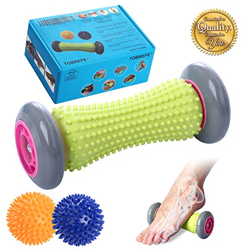 Product Cover Foot Roller Massage Ball for Relief Plantar Fasciitis and Reflexology Massager for Deep Tissue Acupresssure Recovery for PLA Relax Foot Back Leg Hand Tight Muscle, 1 roller and 2 Spiky Balls