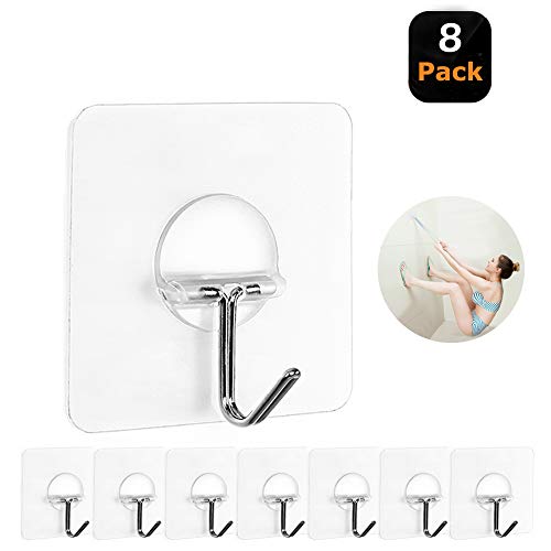 Product Cover JINSHUNFA Wall Hooks 13lb(Max) Transparent Reusable Seamless Hooks,Waterproof and Oilproof,Bathroom Kitchen Heavy Duty Self Adhesive Hooks,8 Pack