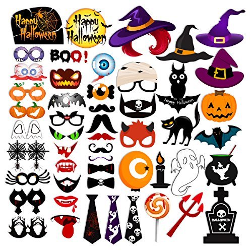 Product Cover 53pcs Happy Halloween Photo Booth Props Witch Hat Pumpkin Bat Tombstone Fancy Party Decor Supply Gift Box