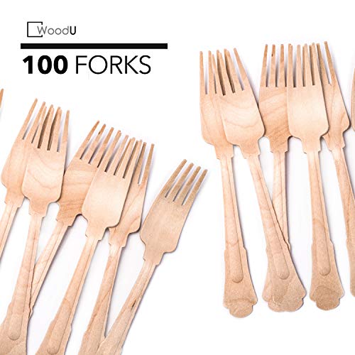 Product Cover WoodU Elegant Wooden Forks - Disposable Utensils, Biodegradable, Eco-Friendly - for Special Events, Fancy Parties, Wedding Receptions (100 Pack) 7.75