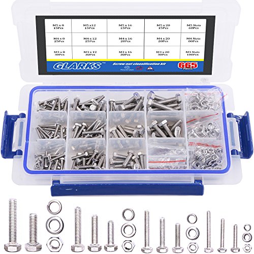 Product Cover Glarks 665Pcs M3 M4 M5 M6 Stainless Steel Flat Hex Head Screws Bolts Nuts and Flat Gasket Spring Washers Assortment Set