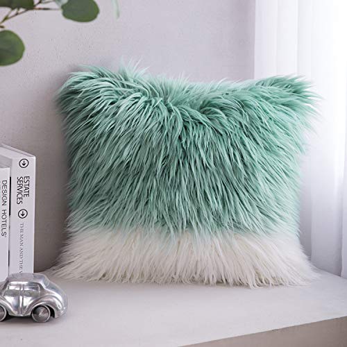 Product Cover Phantoscope Luxury Series Throw Pillow Covers Faux Fur Mongolian Style Plush Cushion Case for Couch Bed and Chair, Blue and White 18 x 18 inches 45 x 45 cm