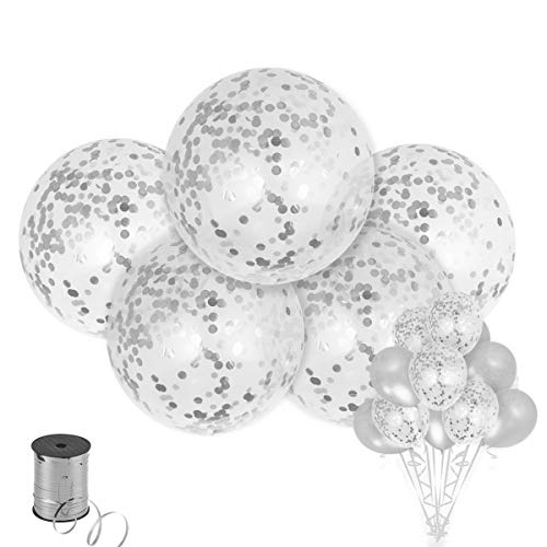 Product Cover Shimmer and Confetti 15 Pack Large Silver Confetti Balloons with 5 Pieces 36-inch Confetti-Filled Balloons, 5 Pieces 12-inch Confetti-Filled Balloons and 5 Pieces Pearl Balloons with Foil Confetti