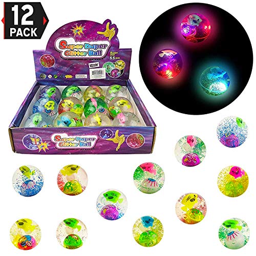 Product Cover 12 Pack Light Up Glitter Bouncy Balls with Colorful Fish, Confetti and LED Flasher for Kids Party Favors (2 Inche)