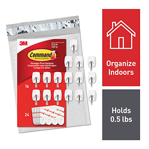 Product Cover Command Wire Hooks, 16 hooks, 24 strips, White, Small, Easy to Open Packaging (GP067-16NA)