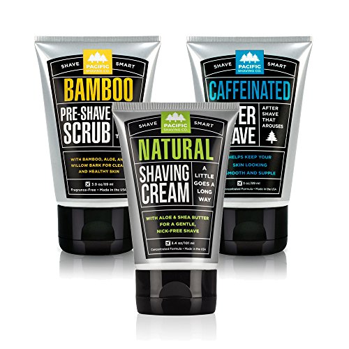 Product Cover Pacific Shaving Company Daily Shave Regimen Set - Bamboo Pre-Shave Scrub, 3 oz (1 Unit) | Natural Shaving Cream, 3.4 oz (1 Unit) | Caffeinated Aftershave, 3.4 oz (1 Unit)